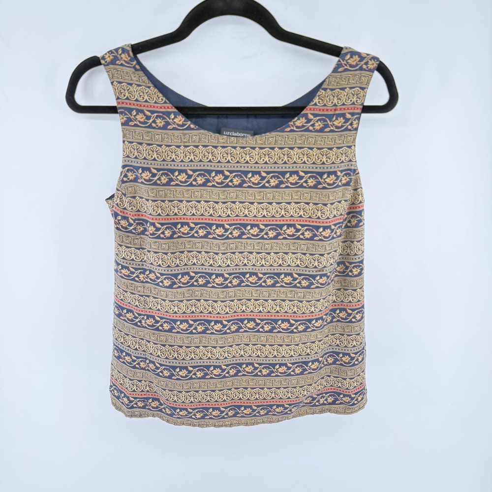 Liz Claiborne Collection 100% Silk Tank Top Navy‎ Greek Key Floral Print Size 8